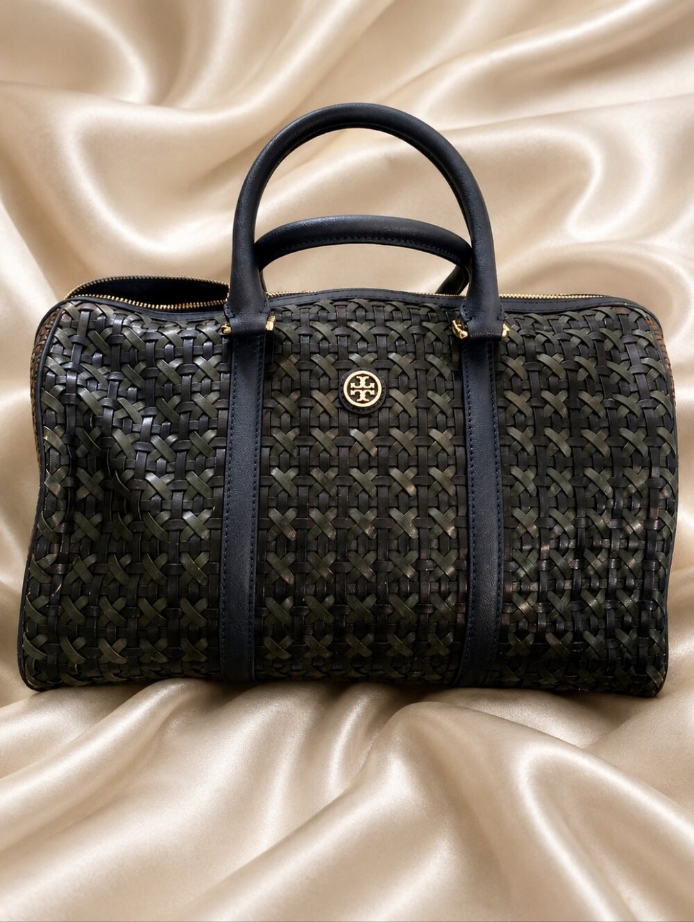 Tory Burch Black Woven Leather Bowling Bag with Gold Logo
